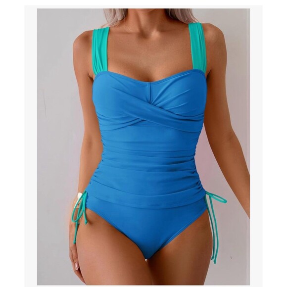 Tankini Swimsuit for Women Tummy Control Two Piece High Waist size 2XL turquoise - Picture 2 of 14